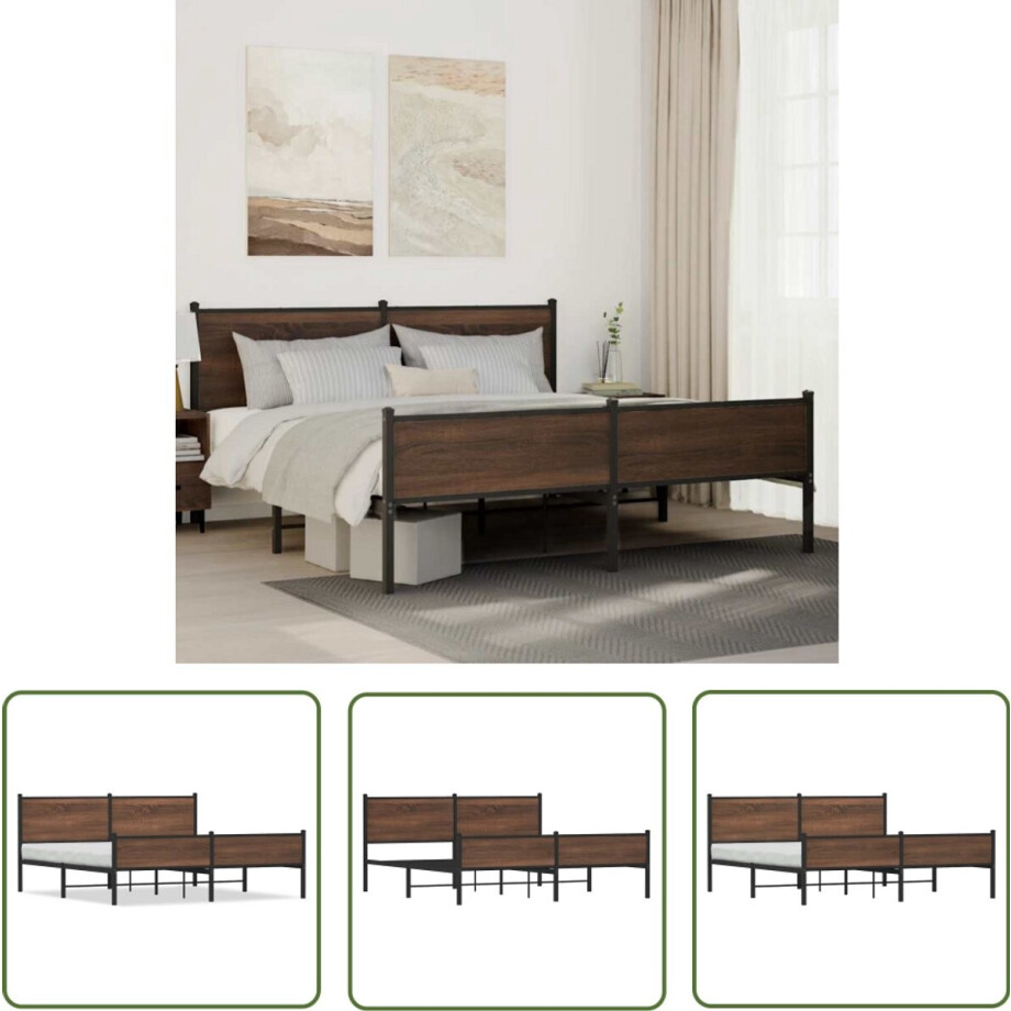 vidaXL Houten Bed - Bed Frame - Bedframe zonder matras metaal bruin eikenkleurig 160x200 cm - Metalen Bed - Slaapkamers - Bedroom Furniture vidaXL Houten Bed - Bed Frame - Bedframe zonder matras metaal bruin eikenkleurig 160x200 cm - Metalen Bed - Slaapkamers - Bedroom Furniture afbeelding 1