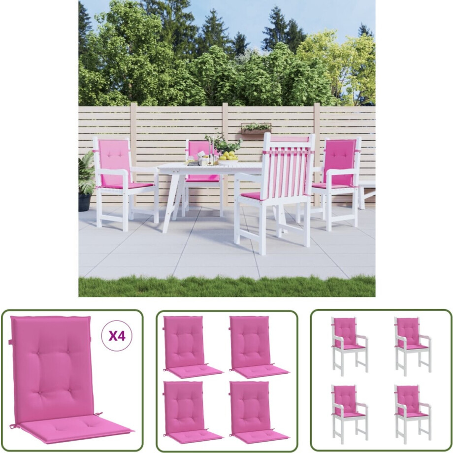 vidaXL Zitcushions - Stoelkussens - Stoelkussens 4 st lage rug stof roze - Lounge Cushions - Outdoor Furniture - Tuinkussens vidaXL Zitcushions - Stoelkussens - Stoelkussens 4 st lage rug stof roze - Lounge Cushions - Outdoor Furniture - Tuinkussens afbeelding 1