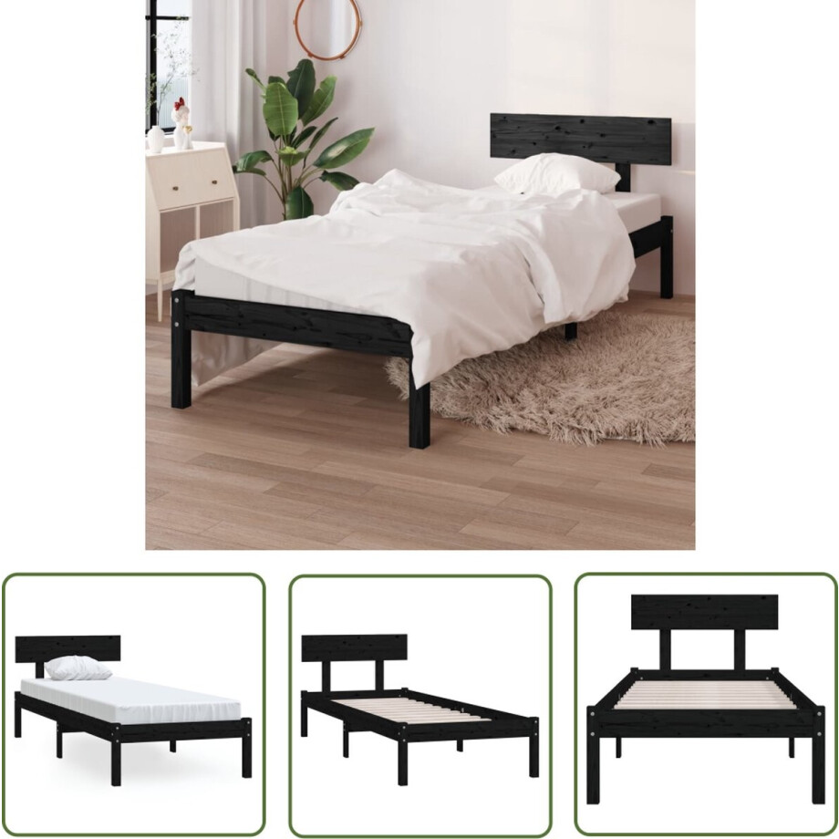 vidaXL Bed Frame Zwart - Massief Houten Bed Frame - Bedframe massief hout zwart 75x190 cm - Eenpersoonsbed - Houten Bed - Bed Frame afbeelding 1