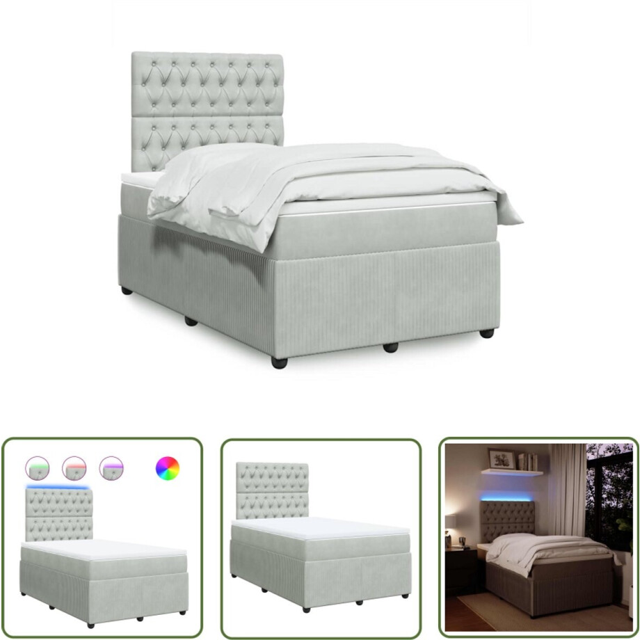 vidaXL Slaapcomfort - Boxspring - Boxspring met matras fluweel lichtgrijs 120x190 cm - Fluweel - Pocketveringmatras - Led Verlichting afbeelding 1