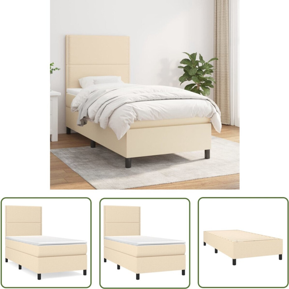vidaXL Boxspring - Boxspringbed - Boxspring met matras stof crèmekleurig 90x200 cm - Creme Kleurig - Pocketed Veren - Matras vidaXL Boxspring - Boxspringbed - Boxspring met matras stof crèmekleurig 90x200 cm - Creme Kleurig - Pocketed Veren - Matras afbeelding 1