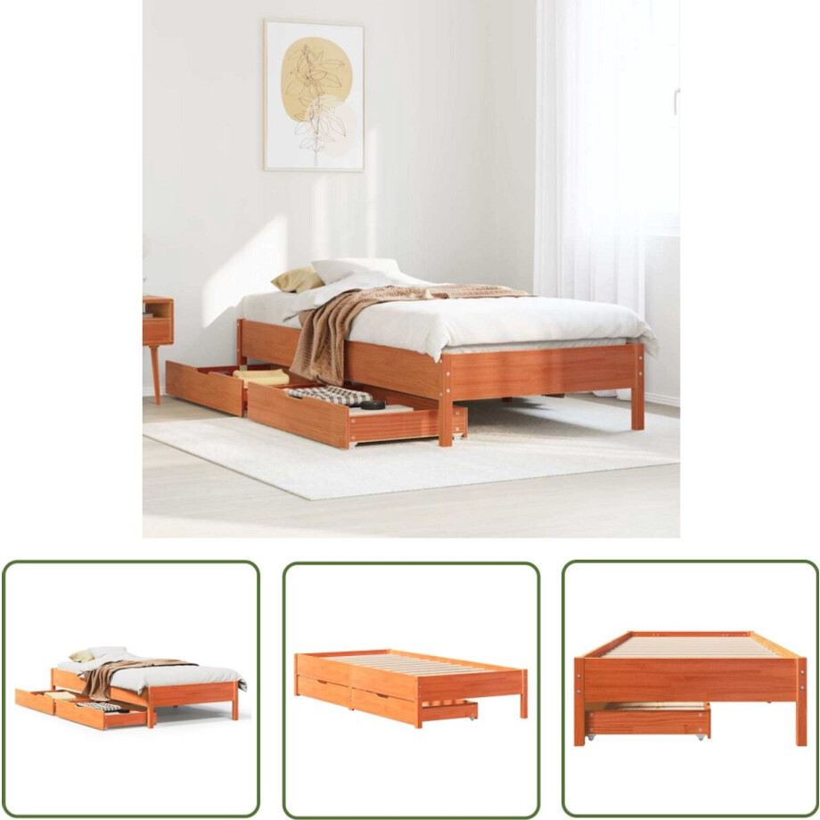 vidaXL Houten Bed - Bedframe - Bedframe zonder matras massief grenenhout wasbruin 100x200 cm - Massief Grenenhout - Bedkast - Slaapkamersuite afbeelding 1