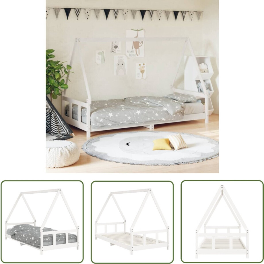 vidaXL Houten Bed - Kinderbed - Kinderbedframe 90x200 cm massief grenenhout wit - Kids Bed - Dakvormig Bed - Witte Kinderkamer afbeelding 1