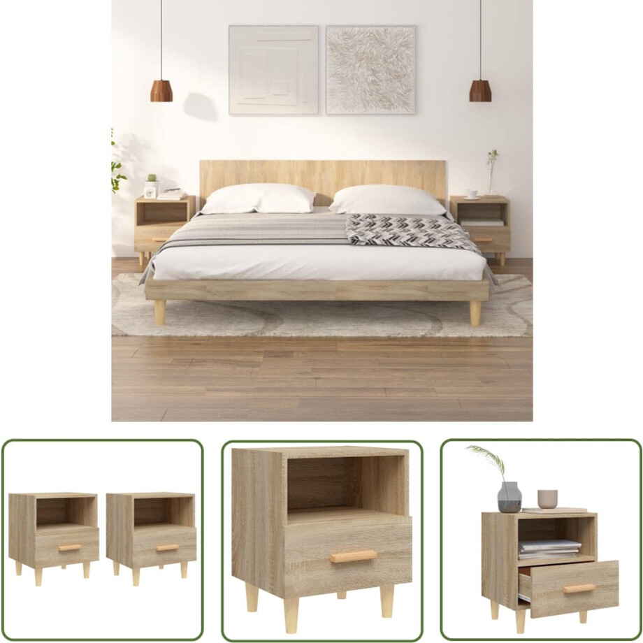 The Living Store Nachtkastjes Sonoma Eiken - Bewerkt hout en Massief Eucalyptushout - 40x35x47 cm (set van 2) afbeelding 1