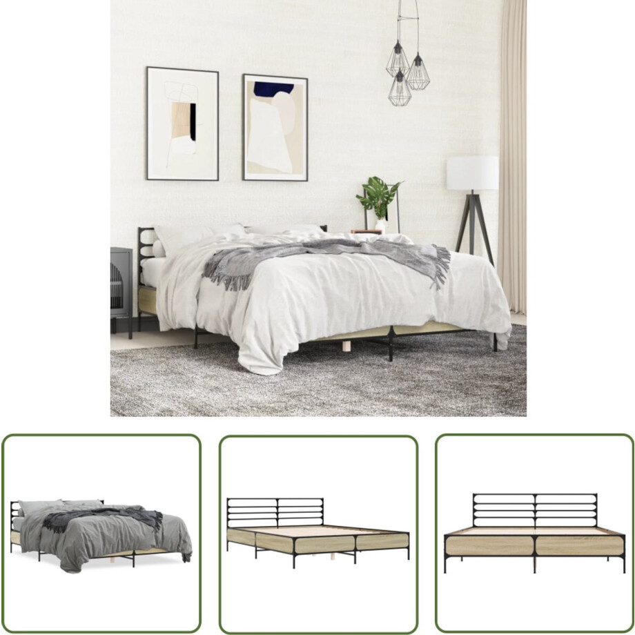 vidaXL Houten Bed - Bed Frame - Bedframe bewerkt hout metaal sonoma eikenkleurig 160x200 cm - Sonom Eiken - Tweepersoonsbed - Slaapkamerstijl afbeelding 1