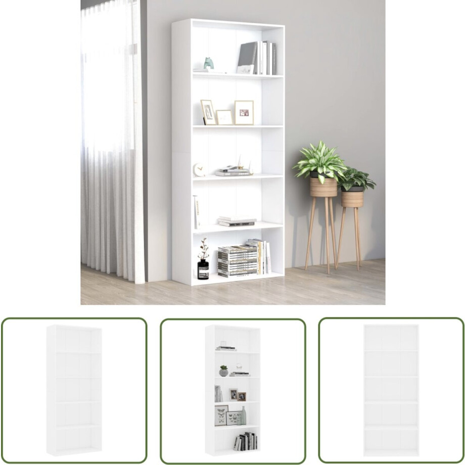 vidaXL Houten Boekenkast - Boekenkast - Boekenkast met 5 schappen 80x30x189 cm bewerkt hout wit - Bibliotheek - Boekenplank - Woonkamer Meubilair afbeelding 1