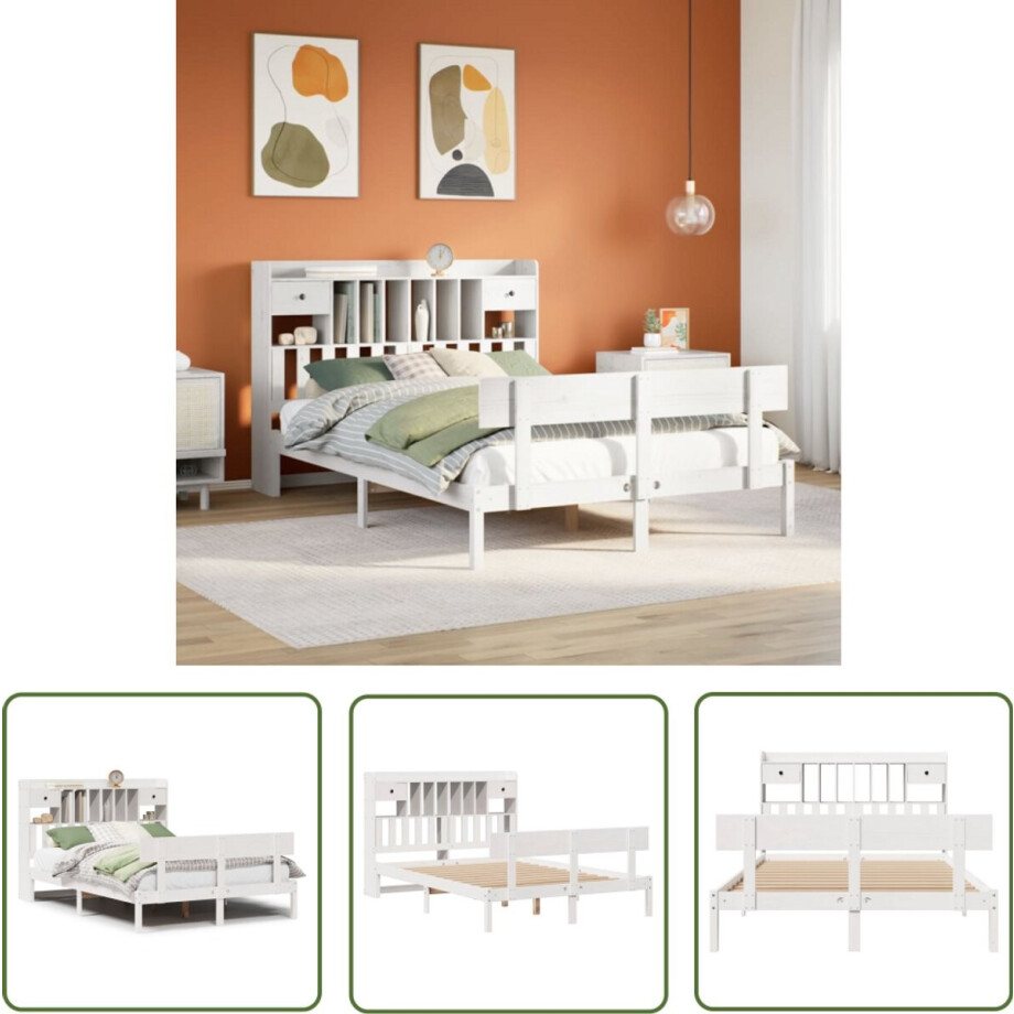 vidaXL Houten Bed - Boekenkasten Bed - Bed met boekenkast zonder matras grenenhout wit 160x200 cm - Slaapkamersdecoratie - Tweepersoonsbed - Bed Met Lade afbeelding 1