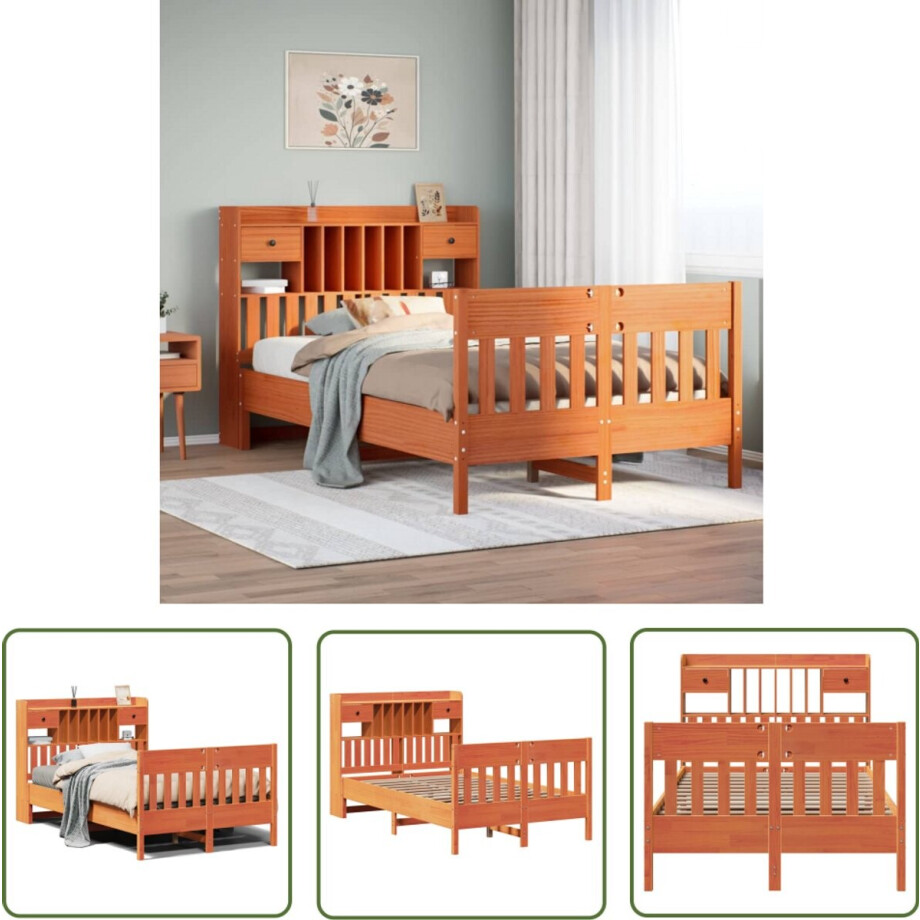 vidaXL Massief Grenenhout - Bedframe - Bedframe zonder matras massief grenenhout wasbruin 135x190 cm - Bed - Slaapkamers - Vintage afbeelding 1