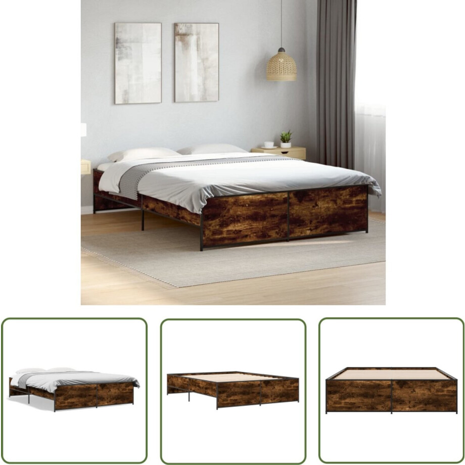 vidaXL Houten Bedframe - Slaapcomfort - Bedframe bewerkt hout metaal gerookt eikenkleurig 140x200 cm - Bruine Bedbank - Metalen Bedframe - King Size Bed afbeelding 1