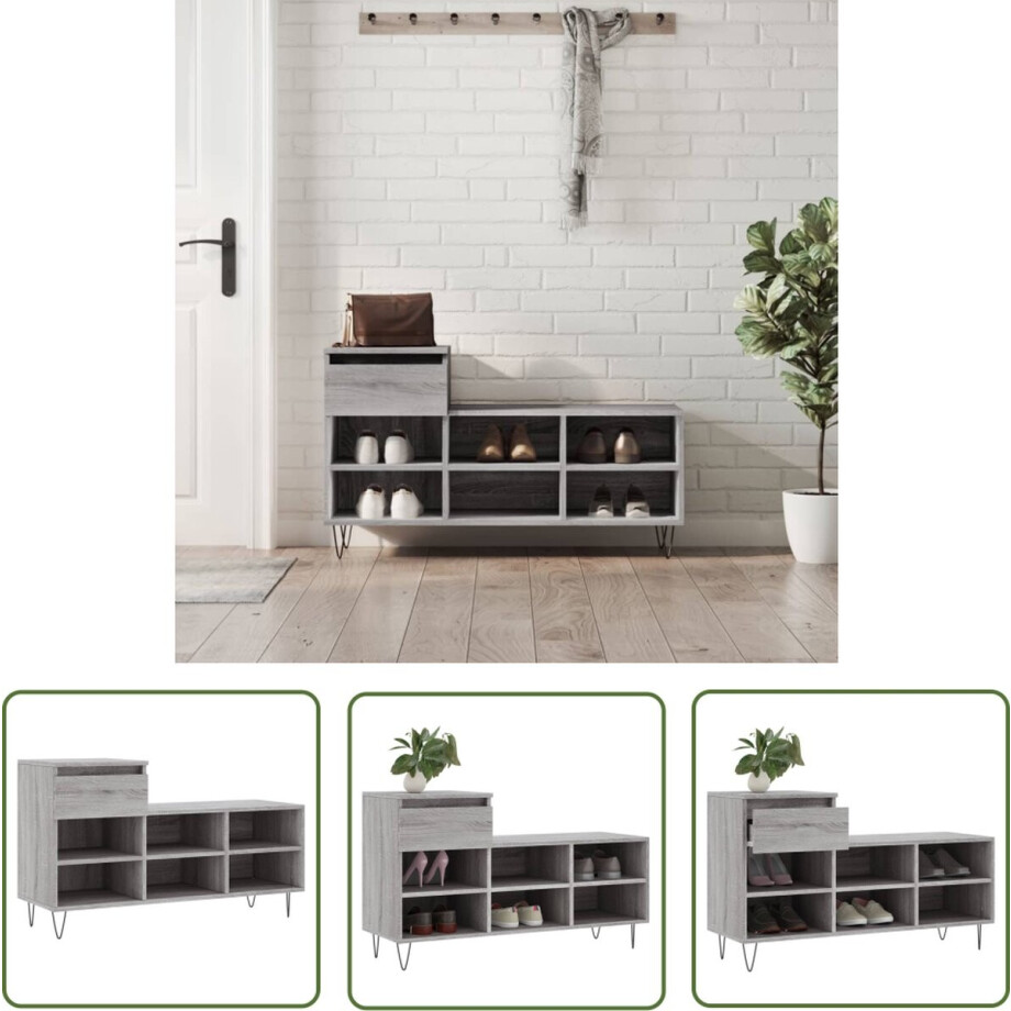 vidaXL Schoenuitlegger - Schoenenkast - Schoenenkast 102x36x60 cm bewerkt hout sonoma grijs - Bergruimte - Opslagkasten - Houten Kast afbeelding 1