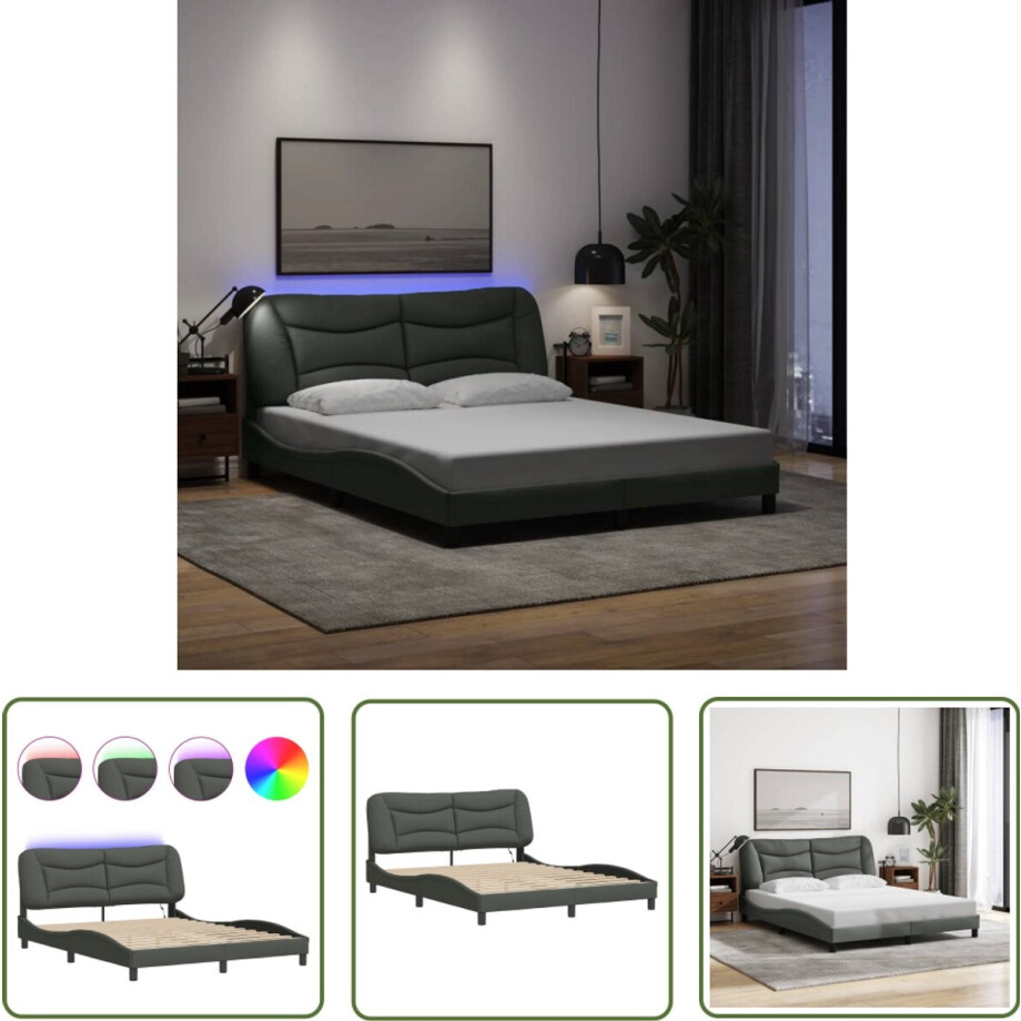 vidaXL Bed Frame - Slaapkamers - Bedframe met LED zonder matras Hvar 160x200 cm stof donkergrijs - Boxspring - Led Verlichting - Donker Grijs afbeelding 1