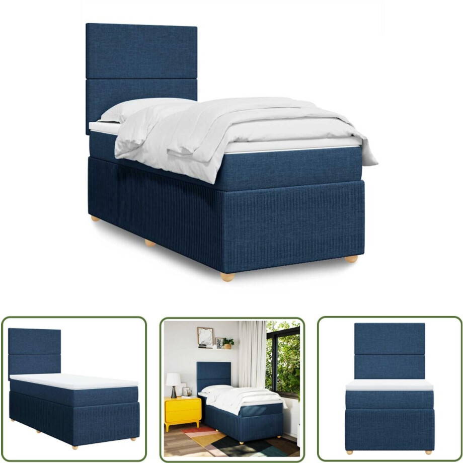 vidaXL Matras - Boxspring - Boxspring met matras stof blauw 100x200 cm - Bed Frame - Hoofdbord - Pocketvering afbeelding 1