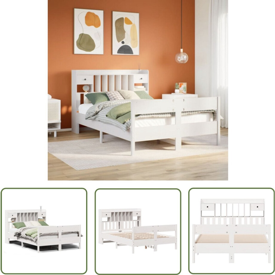 vidaXL Boekenkast - Bed - Bed met boekenkast zonder matras grenenhout wit 140x200 cm - Houten Bed - Grenenhouten Bed - Tweepersoonsbed afbeelding 1