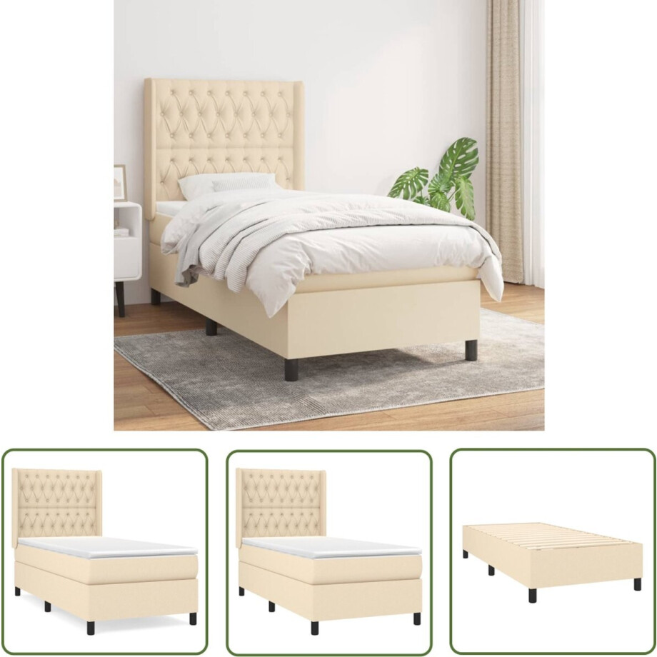 vidaXL Slaapcomfort - Boxspringbed - Boxspring met matras stof crèmekleurig 90x190 cm - Boxspring - Bed - Hoofdbord afbeelding 1