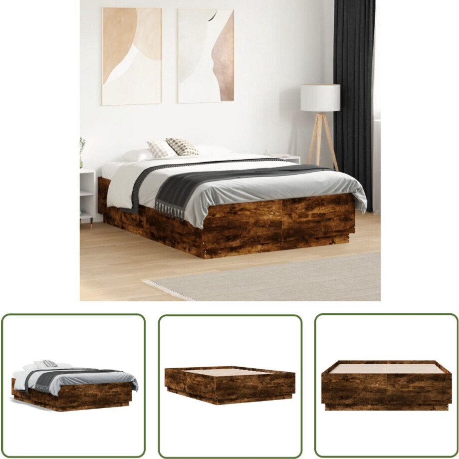 vidaXL Houten Bed - Bed Frame - Bedframe bewerkt hout gerookt eikenkleurig 135x190 cm - Bruine Bed - Slaapkamersdecoratie - Modern Bed vidaXL Houten Bed - Bed Frame - Bedframe bewerkt hout gerookt eikenkleurig 135x190 cm - Bruine Bed - Slaapkamersdecoratie - Modern Bed afbeelding 1