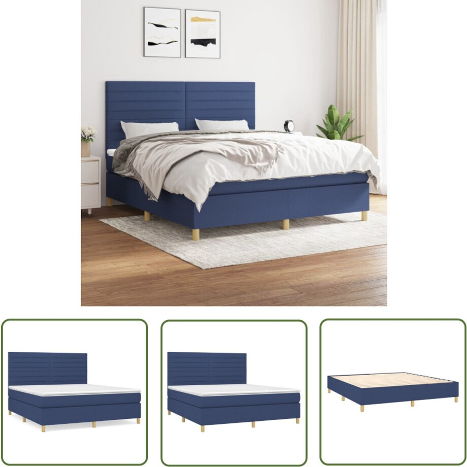 vidaXL Bed Frame - Boxspring - Boxspring met matras stof blauw 160x200 cm - Tweepersoonsbed - Pocketvering - Matras vidaXL Bed Frame - Boxspring - Boxspring met matras stof blauw 160x200 cm - Tweepersoonsbed - Pocketvering - Matras afbeelding 1