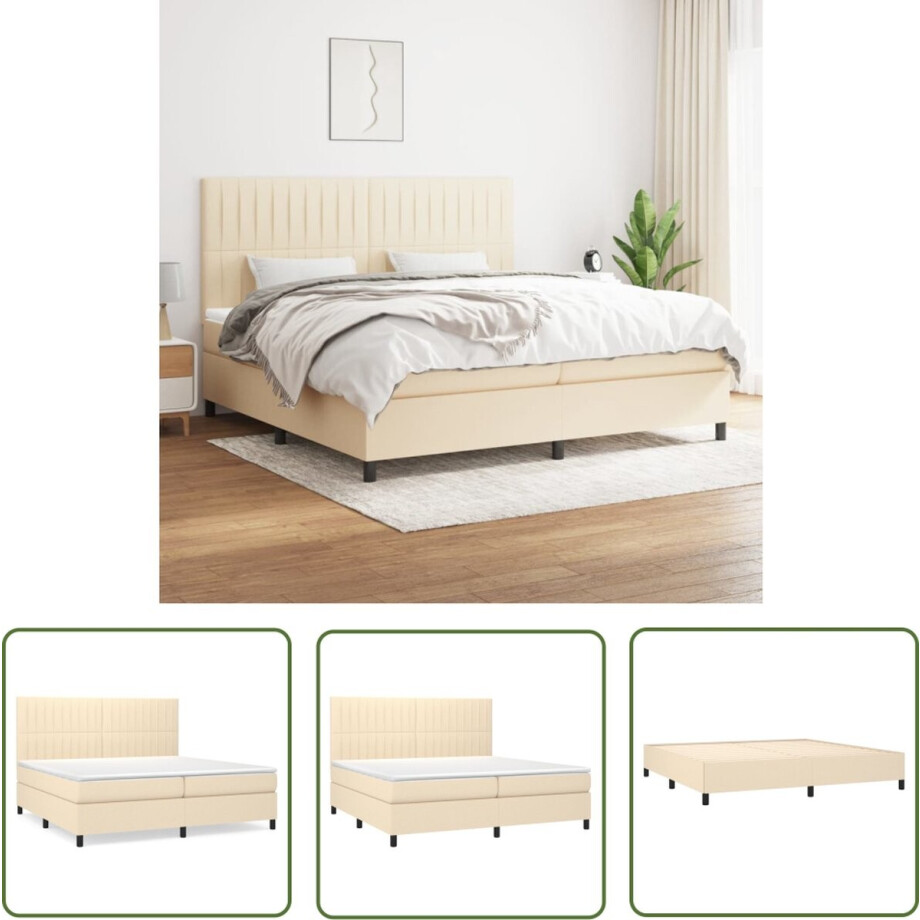 vidaXL Verstelbare Hoofdbord - Boxspringbed - Boxspring met matras stof crèmekleurig 200x200 cm - Pocketvering - Middenhard - Creme Kleur afbeelding 1