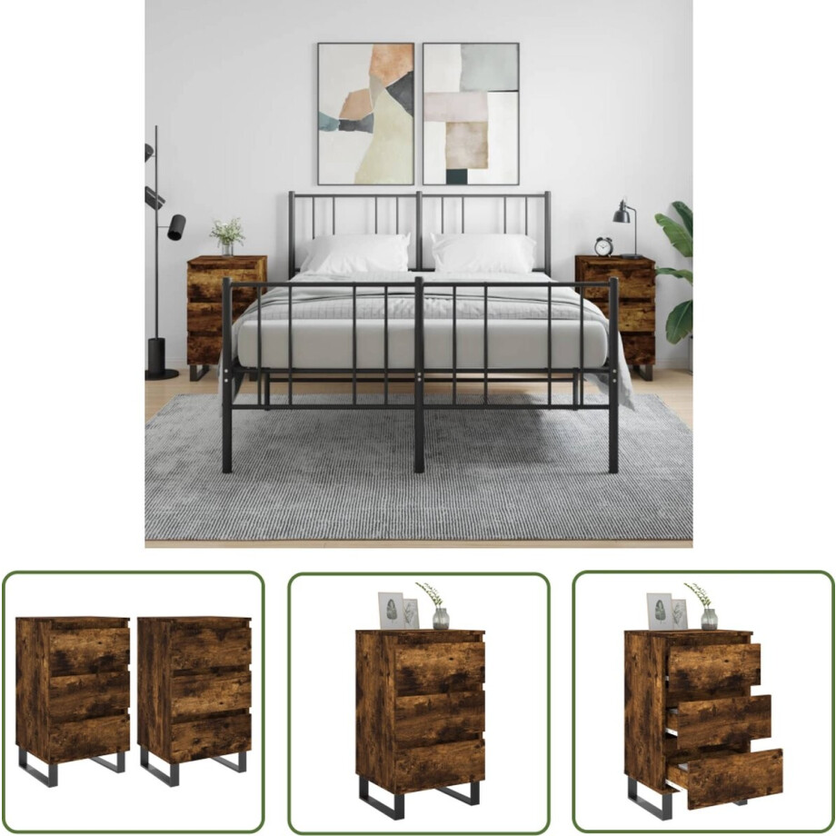 vidaXL Bedkastje - Nachtkastje - Nachtkastjes 2 st 40x35x69 cm bewerkt hout gerookt eikenkleurig - Houten Nachtkastje - Bruine Nachtkastje - Gerookte Eiken Kleur afbeelding 1