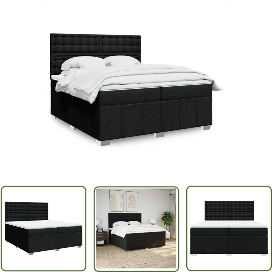 vidaXL Boxspringbed - Boxspring - Boxspring met matras stof zwart 200x200 cm - Matras - Pocketveringmatras - Hoofdbord afbeelding 1