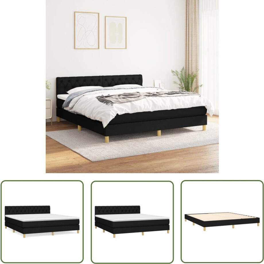 vidaXL Pocketvering - Boxspringbed - Boxspring met matras stof zwart 160x200 cm - Slaapcomfort - Zwarte Boxspring - Hoofdboard vidaXL Pocketvering - Boxspringbed - Boxspring met matras stof zwart 160x200 cm - Slaapcomfort - Zwarte Boxspring - Hoofdboard afbeelding 1
