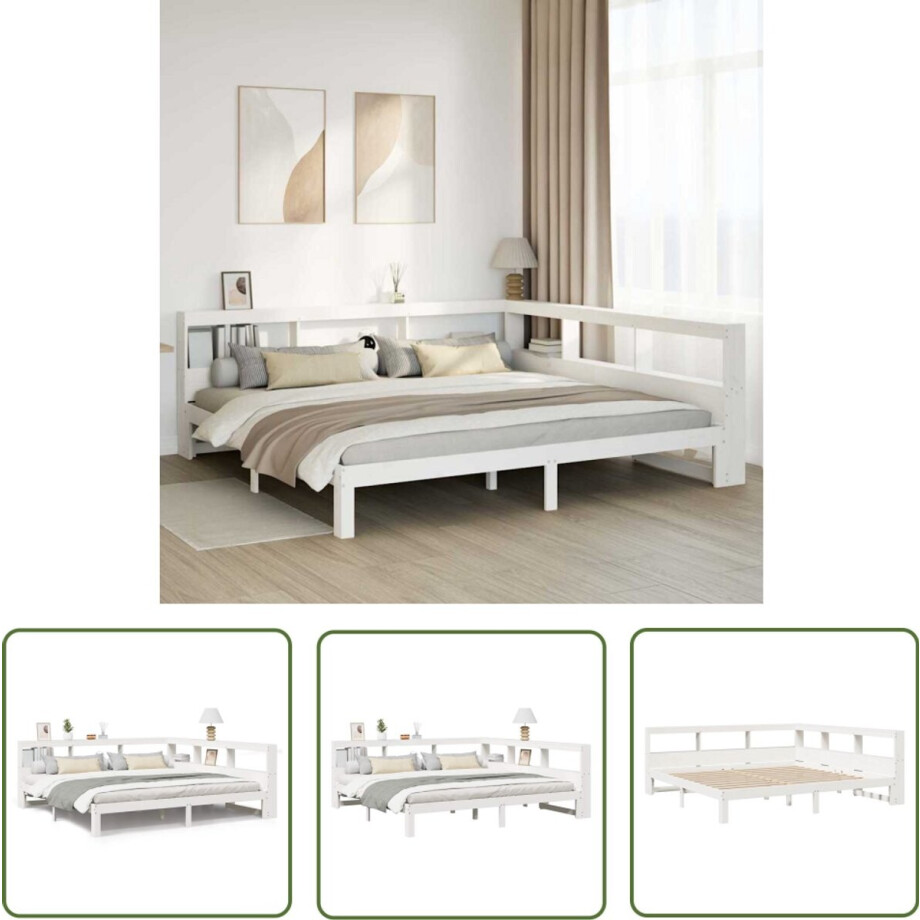 vidaXL Bedden - Slaapkamers - Bed met boekenkast zonder matras grenenhout wit 200x200 cm - Houten Bedden - Boekkasten - Bed Met Boekenkast afbeelding 1