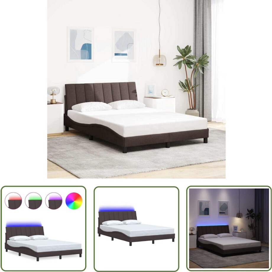 vidaXL Donkere Houten Bed - Bed Frame - Bedframe zonder matras Hanko 120x200 cm stof donkerbruin - Boxspring - Led Lampen - Hoofdkussens afbeelding 1