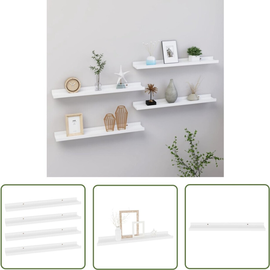 vidaXL Houten Wandplanken - Witte Wandplank - Wandschappen 4 st 60x9x3 cm wit - Mdf Wandplank - Wanddecoratie - Minimalistische Wandplank afbeelding 1
