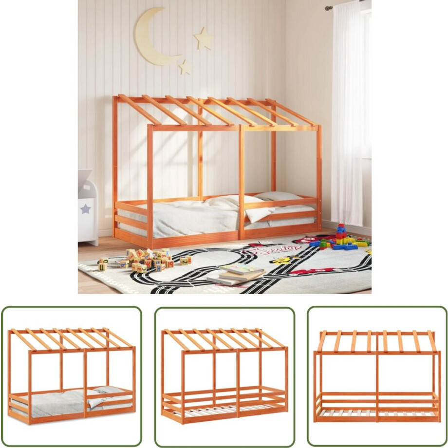 vidaXL Houten Bed - Kinderbed - Kinderbed met bedhuis 75x190 cm massief grenenhout wasbruin - Grenenhouten Bed - Kids Bed - Kindermeubilair afbeelding 1