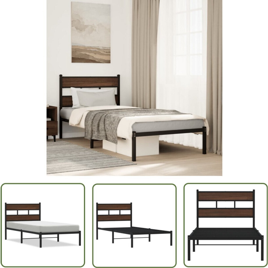 vidaXL Houten Bed - Bed Frame - Bedframe met hoofdbord zonder matras bruin eiken 100x190 cm - Bed Met Hoofdbord - Boxspring - Slaapcomfort afbeelding 1