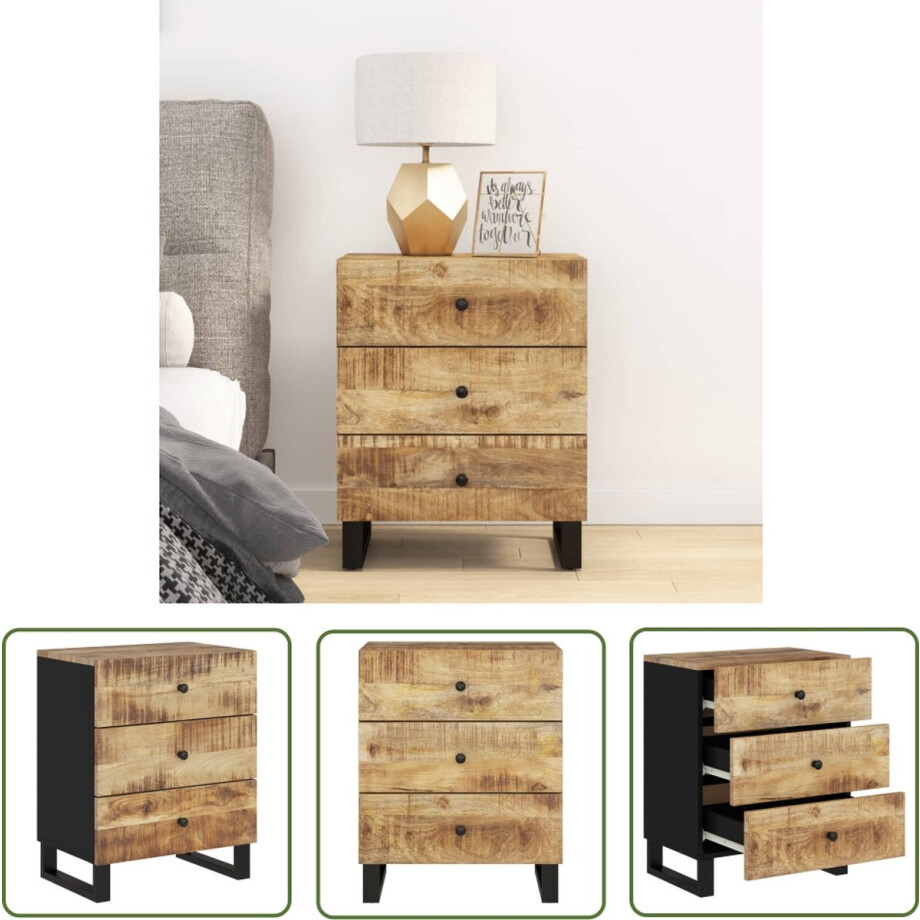 vidaXL Industrieel Design - Nachtkastje - Nachtkastje 50x33x62 cm massief mangohout en bewerkt hout - Mangohout - Houten Lade - Slaapkamerdecoratie afbeelding 1