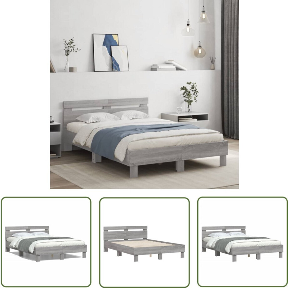 vidaXL Houten Bed - Bed Frame - Bedframe met hoofdeinde grijs sonoma eiken 135x190 cm - Slaapcomfort - Design Bed - Tweepersoonsbed vidaXL Houten Bed - Bed Frame - Bedframe met hoofdeinde grijs sonoma eiken 135x190 cm - Slaapcomfort - Design Bed - Tweepersoonsbed afbeelding 1