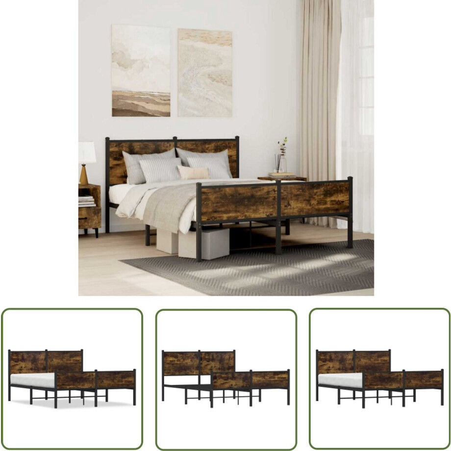 vidaXL Houten Bed - Bed Frame - Bedframe zonder matras metaal gerookt eikenkleurig 140x200 cm - Metalen Bed - Boxspring - Slaapcomfort afbeelding 1