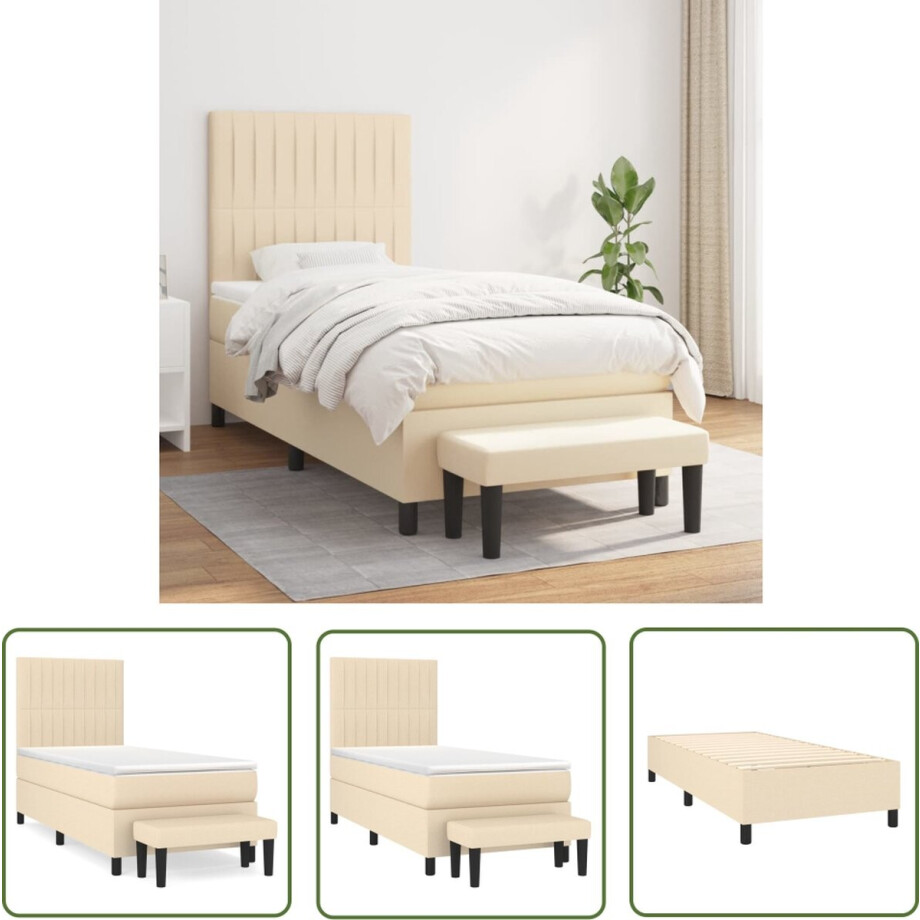 vidaXL Pocketvering - Boxspringbed - Boxspring met matras stof crèmekleurig 90x200 cm - Creme Kleur - Adjustable Headboard - Duurzaam Materiaal afbeelding 1