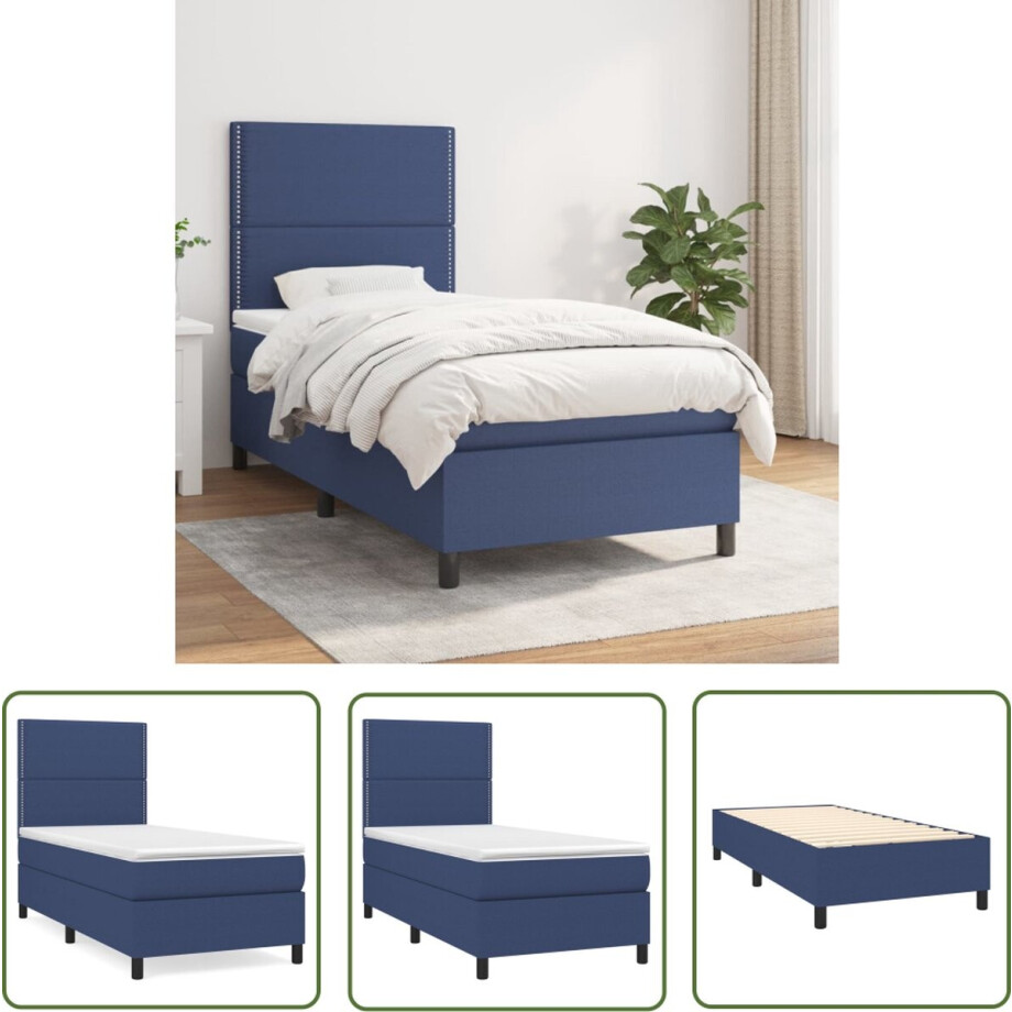 vidaXL Boxspring - Boxspringbed - Boxspring met matras stof blauw 90x200 cm - Tweepersoonsbed - Bed Frame - Bed afbeelding 1