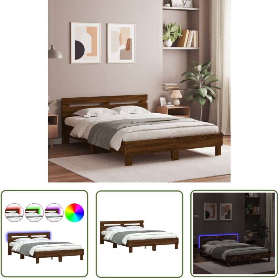 vidaXL LED Bed Frame - Bruin Houten Bed - Bedframe met hoofdeinde en LED bruin eikenkleur 150x200 cm - Tweepersoons Bed - King Size Bed - Bedroom Furniture vidaXL LED Bed Frame - Bruin Houten Bed - Bedframe met hoofdeinde en LED bruin eikenkleur 150x200 cm - Tweepersoons Bed - King Size Bed - Bedroom Furniture afbeelding 1