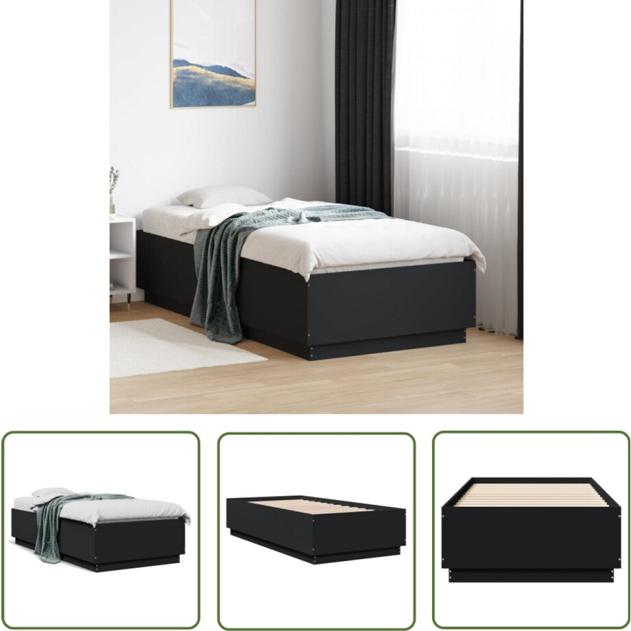 vidaXL Houten Bed - Bed Frame - Bedframe bewerkt hout zwart 75x190 cm - Zwart Bed - Enkelpersoonsbed - Slaapcomfort afbeelding 1