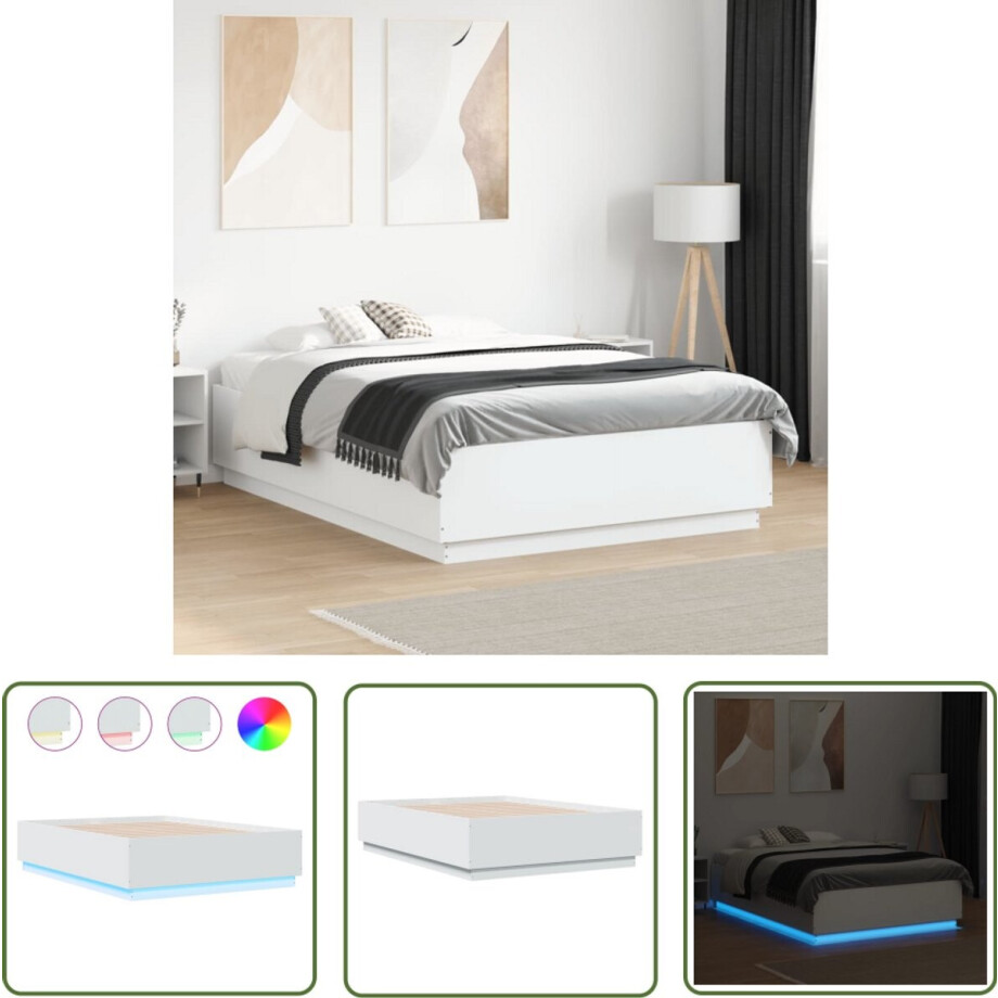 vidaXL Bed Frame - Slaapkamers - Bedframe met LED-verlichting bewerkt hout wit 135x190 cm - Led Verlichting - Houten Bed - Modern Design vidaXL Bed Frame - Slaapkamers - Bedframe met LED-verlichting bewerkt hout wit 135x190 cm - Led Verlichting - Houten Bed - Modern Design afbeelding 1