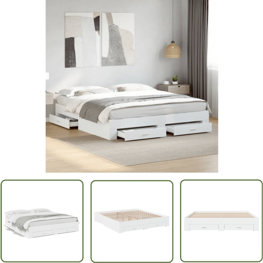 vidaXL Bed Frame - Slaapkamers - Bedframe met lades bewerkt hout wit 180x200 cm - Houten Bed - Wit Bed - Boxspring afbeelding 1