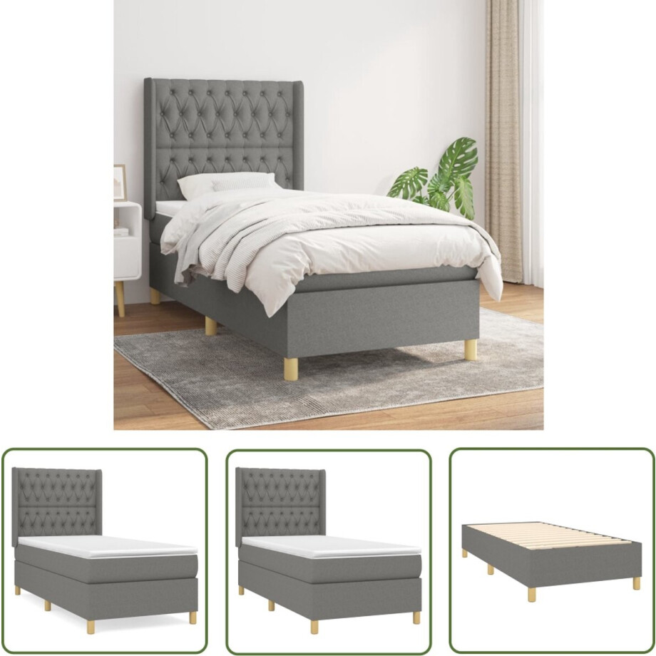 vidaXL Donkere Kleur - Boxspringbed - Boxspring met matras stof donkergrijs 90x190 cm - Slaapcomfort - Pocketed Veren - Middelhard Matras afbeelding 1