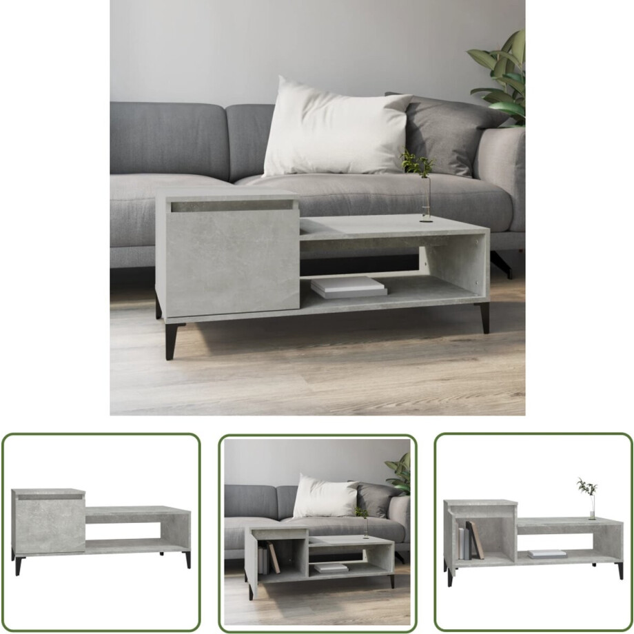 vidaXL Beton Look - Salontafel - Salontafel 100x50x45 cm bewerkt hout betongrijs - Houten Salontafel - Bijzettafel - Tv Tafeltje afbeelding 1