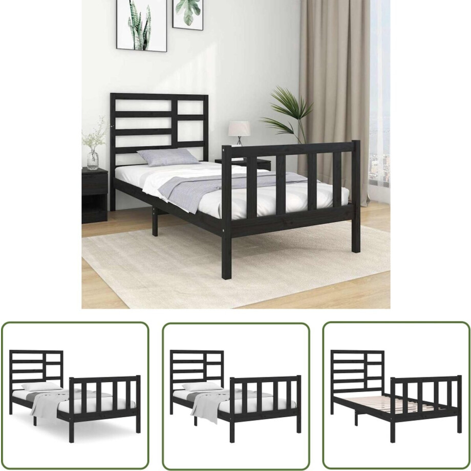 vidaXL Enkelbed - Houten Bedframe - Bedframe massief hout zwart 75x190 cm - Massief Grenenhout - Modern Design - Zwart Bedframe afbeelding 1