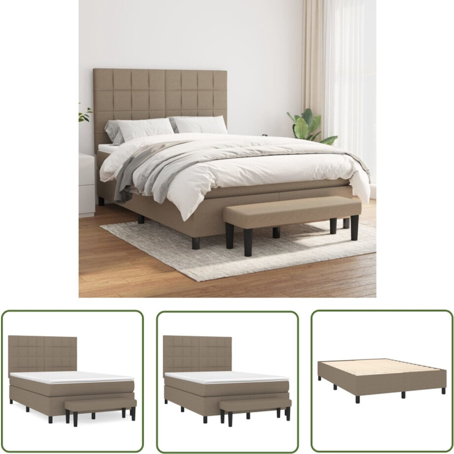 vidaXL Boxspring - Boxspring Bed - Boxspring met matras stof taupe 140x200 cm - Tweepersoonsbed - Taupecleur - Pocketed Veren Matras afbeelding 1