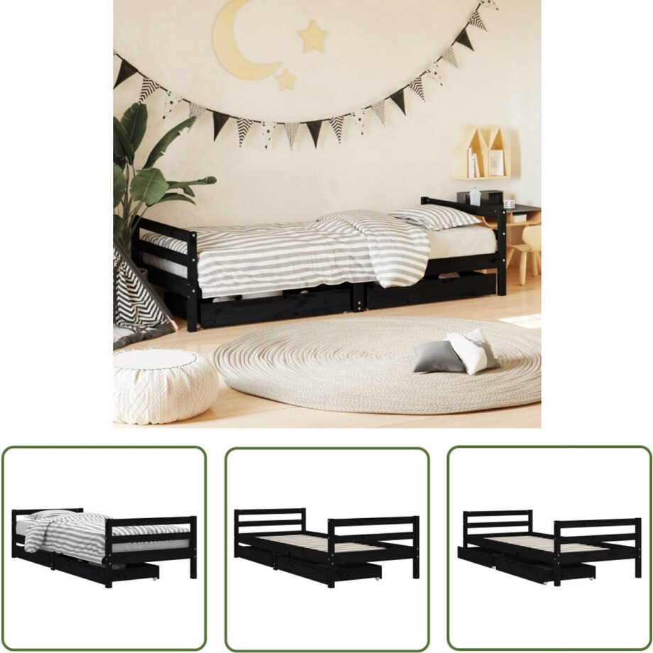 vidaXL Houten Bed - Kinderbed Frame - Kinderbedframe met lades 80x200 cm massief grenenhout zwart - Grenenhouten Bed - Kids Bed - Peuterbed afbeelding 1