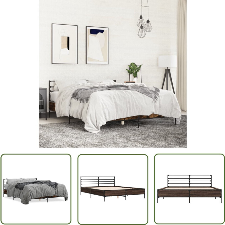 vidaXL Houten Bed - Bed Frame - Bedframe bewerkt hout metaal gerookt eikenkleurig 150x200 cm - Bruine Bed - Tweepersoonsbed - Slaapcomfort vidaXL Houten Bed - Bed Frame - Bedframe bewerkt hout metaal gerookt eikenkleurig 150x200 cm - Bruine Bed - Tweepersoonsbed - Slaapcomfort afbeelding 1