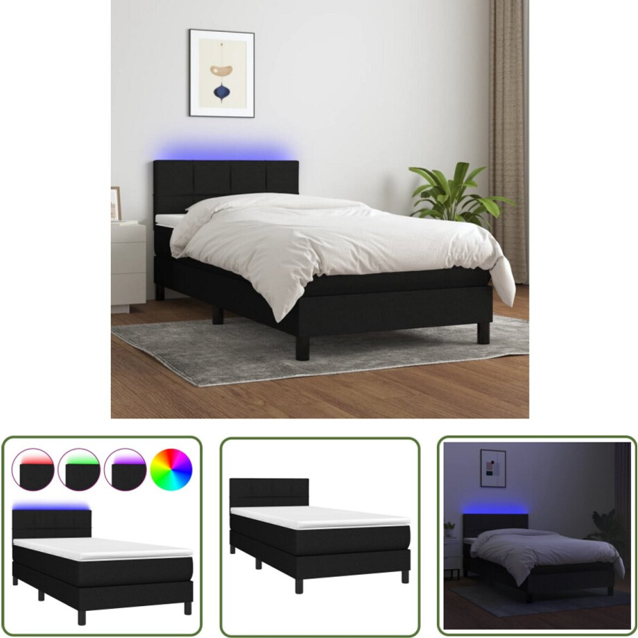 vidaXL Boxspring met LED - Zwart - 90x200 cm Boxspring Bed - Led Bed - Elektrisch Bed - Verstelbare Hoofdbord - Pocketed Spring Mattress afbeelding 1