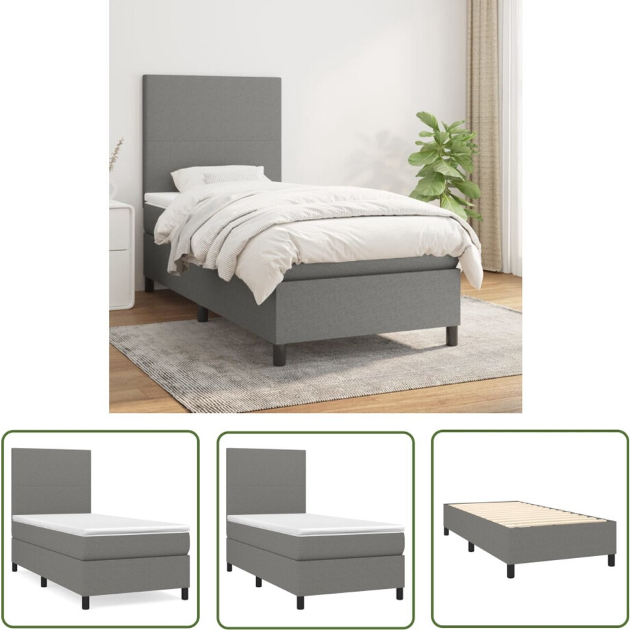 vidaXL Donkere Kleuren - Boxspringbed - Boxspring met matras stof donkergrijs 90x190 cm - Tweepersoonsbed - Pocketveer Matras - Middenhard Matras afbeelding 1