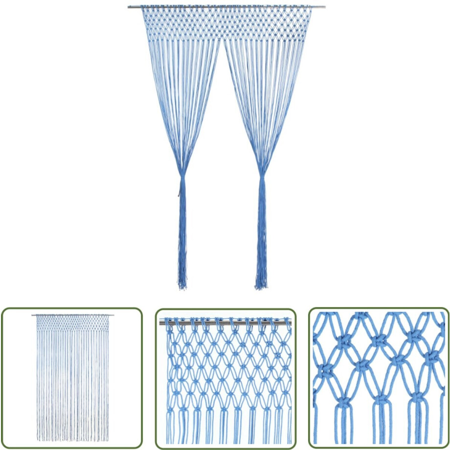 vidaXL Macrame Gordijn - Draadgordijn - Gordijn macramé 140x240 cm katoen blauw - Kamer Scheidingswand - Achtergrondsdecoratie - Blauwe Gordijnen afbeelding 1