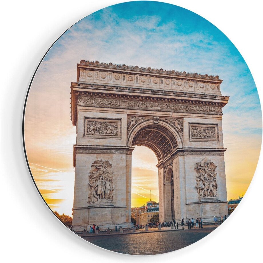 Artaza Dibond Muurcirkel Arc De Triomphe In Parijs Met Zonsondergang - Ø 70 cm - Wandcirkel - Rond Schilderij - Voor Binnen en Buiten afbeelding 1
