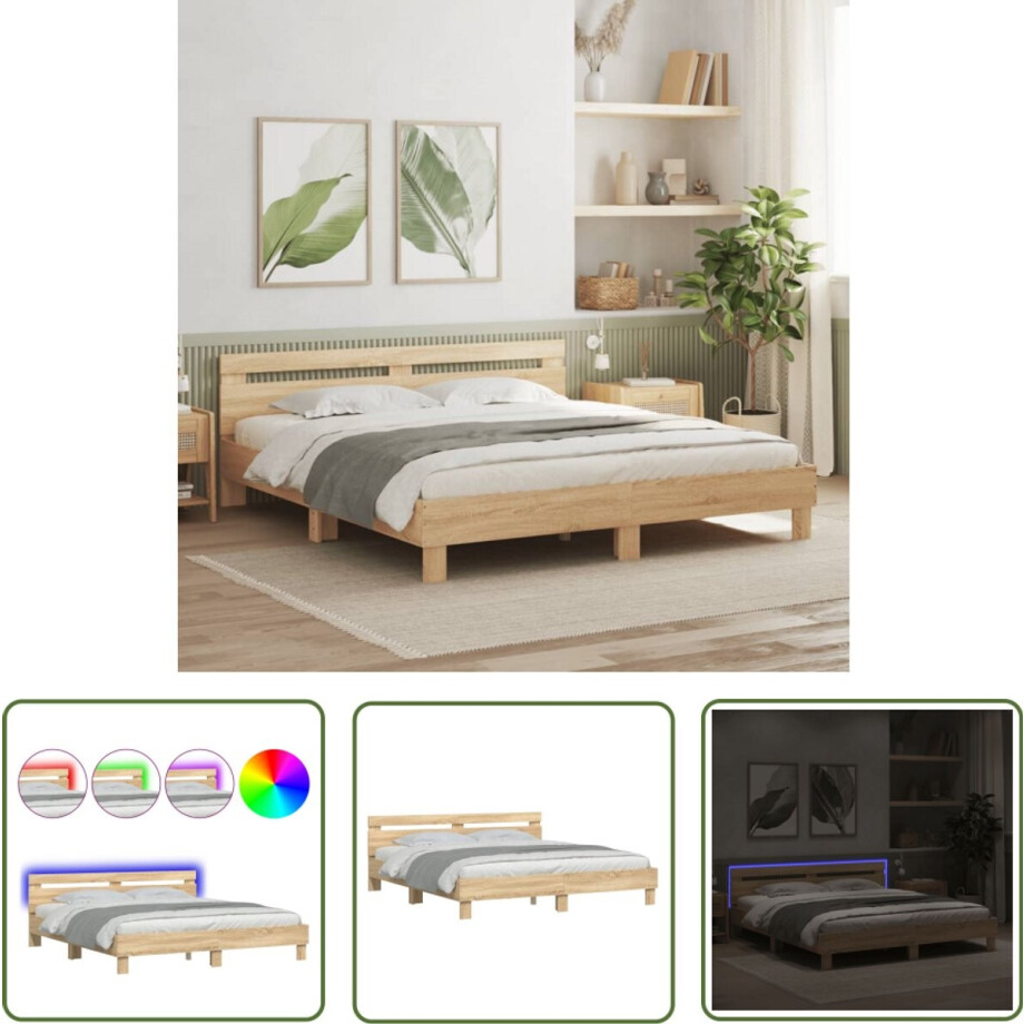 vidaXL Bedframe - Slaapkamers - Bedframe met hoofdeinde en LED sonoma eikenkleurig 160x200 cm - Houten Bed - Led Lamp - Sonoma Eiken afbeelding 1