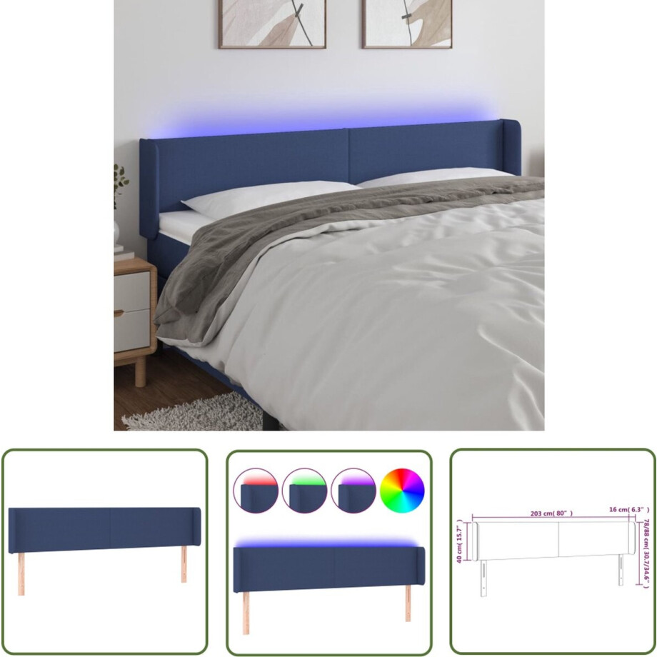 vidaXL Led Headboard - Hoofd Bord - Hoofdbord LED 203x16x78/88 cm stof blauw - Beddecoratie - Slaapkamers - Blauwe Kamer vidaXL Led Headboard - Hoofd Bord - Hoofdbord LED 203x16x78/88 cm stof blauw - Beddecoratie - Slaapkamers - Blauwe Kamer afbeelding 1